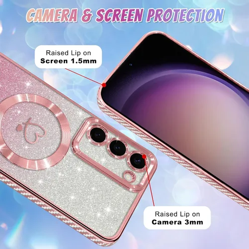 Vista 296 de Bonoma - Funda compatible con Samsung Galaxy S21 Plus, diseño de corazón con purpurina, color rosa Support for MagSafe, Plating Magnetic Case TPU