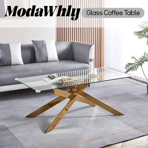 Vista 3 de Mesa de centro de cristal de 47 pulgadas, moderna tapa rectangular de vidrio templado con patas de metal con cruz dorada, mesa central de espacio