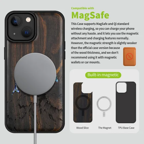 Vista 5 de Carveit Funda magnética protectora de madera de diseñador para iPhone 14 [grabado de madera e incrustaciones de carcasa] compatible con iPhone 14