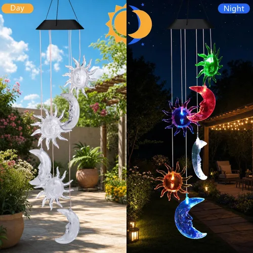 Vista 3 de Lámpara móvil de energía solar de Lainin, con carillón de estrellas transparentes que cambian de color y giran con el viento. Para decoración e