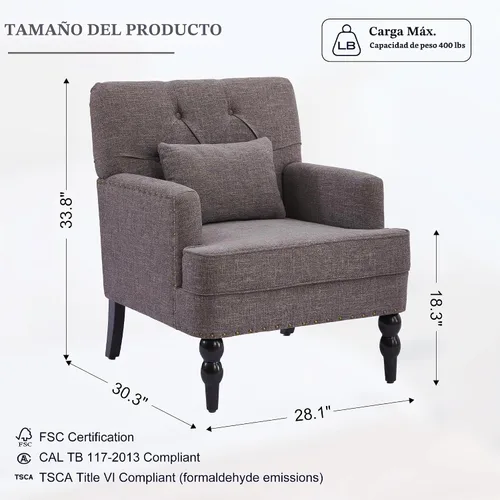 Vista 2 de HUIMO Silla Club Capitoné con Cojín Lumbar, Sillón Tapizado con Botones, Silla de Lectura Decorativa, Sillas de Sofá de Tela de Lino para Gris