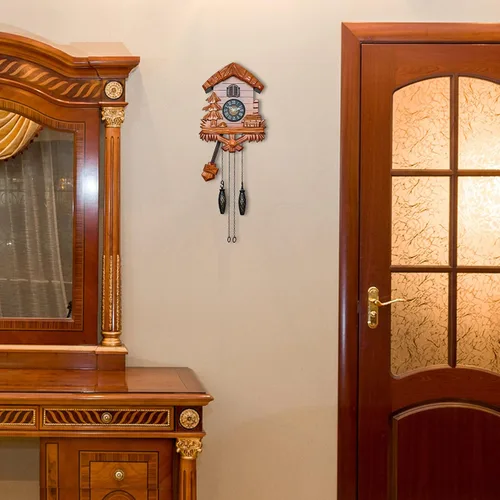 Vista 6 de TIMEGEAR Reloj de cuco de madera con modo nocturno, péndulo oscilante y movimiento de cuarzo (cereza)