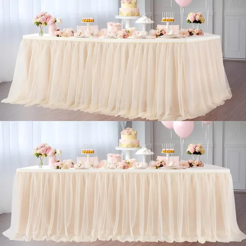 Vista 7 de Suppromo Pack de 2 faldas de mesa de tul azul de 6 pies para mesas rectangulares o redondas, mantel de tul azul para baby shower, cumpleaños