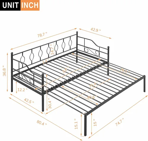 Vista 2 de Sofá cama individual con nido, marco de cámara de plataforma de metal moderno, sofá cama resistente para sala de estar, soporte de listones