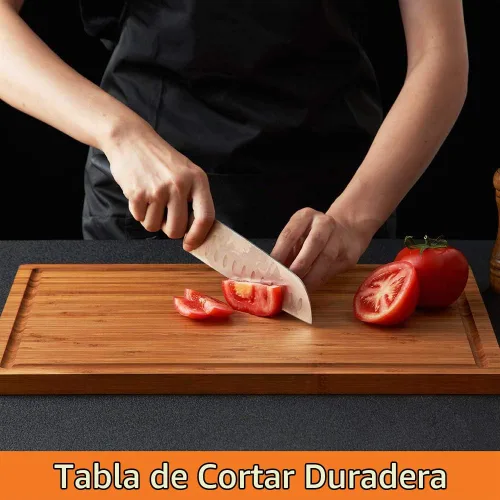 Vista 2 de Tabla de cortar de madera de bambú para cocina, bloque grande de 18 pulgadas para cortar embutidos de queso con asas laterales y ranuras para jugos