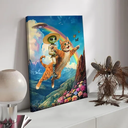 Vista 3 de Lienzo de paisaje victoriano OVNI para pared, diseño divertido de alienígena montando un gato, cuadros eclécticos de gato, póster impreso