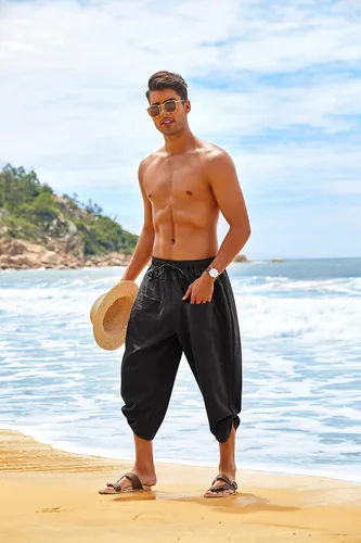 Vista 2 de COOFANDY Pantalones harén de lino para hombre, pantalones capri casuales con cintura elástica, pantalones capri holgados para playa y yoga