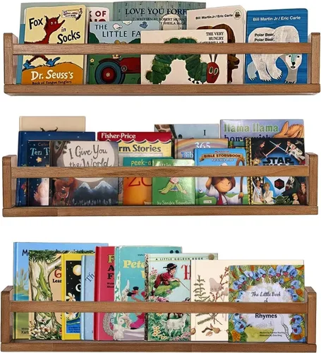 Vista 22 de AZSKY Estantes clásicos para libros de guardería, estantes flotantes de madera negra, estantería de pared para decoración de baño, cocina, especias