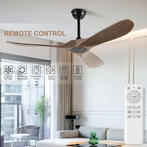 Vista 2 de Ventiladores de techo de 52 pulgadas sin luces, ventilador de techo de madera maciza sin luz con control remoto motor CC para interiores y Gris