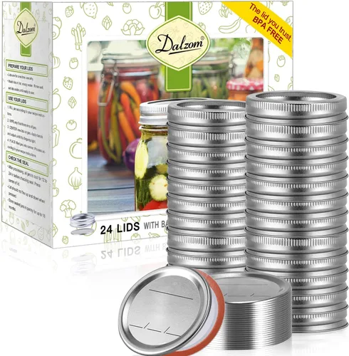 Vista 7 de Dalzom® 24 tapas de conservas con 24 anillos de boca regular, tapas de tarro de masón premium con bandas/anillos para bola, tarros Kerr