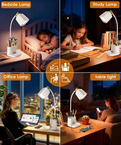 Vista 7 de Lámparas LED de escritorio para oficina en casa con cargador, organizador, lámpara de mesa de escritorio para dormitorio, estudio, lectura, trabajo