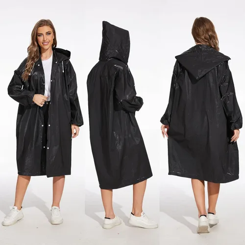 Vista 5 de OFFITECTURE Paquete de 2 ponchos de lluvia reutilizables para adultos, impermeables con capucha para mujeres/hombres con cordón