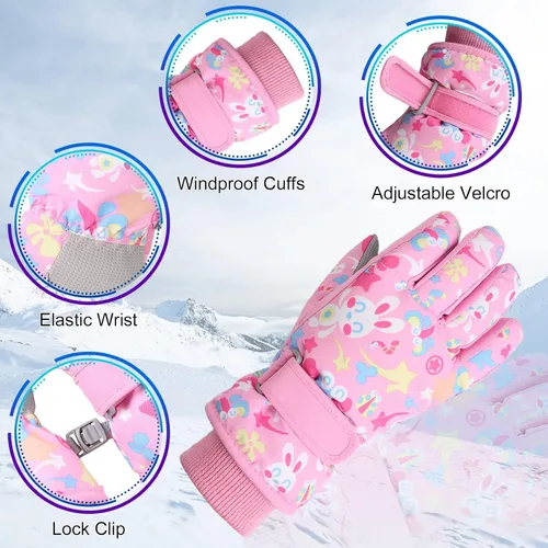 Vista 4 de JANGANNSA Guantes de esquí de invierno para niños y niñas, guantes de nieve para clima frío, guantes de esquí y snowboard impermeables con forro