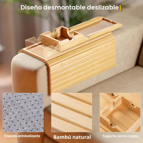 Vista 2 de Bestjing Bandeja para Brazo de Sofá de Bambú - Bandeja para Brazo de Sofá con Soporte para Tazas Desmontable - Caddy de Brazo de Sillón Plegable