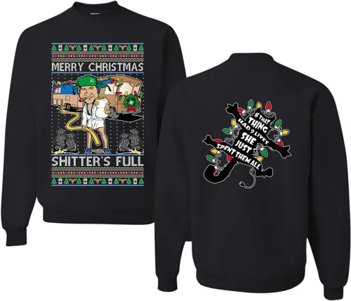 Vista 35 de Wild Bobby Sudadera con gráfico de cuello redondo con texto en inglés "Merry Christmas Shitter's Full Funny Ugly Christmas" Negro (black Hoodie)