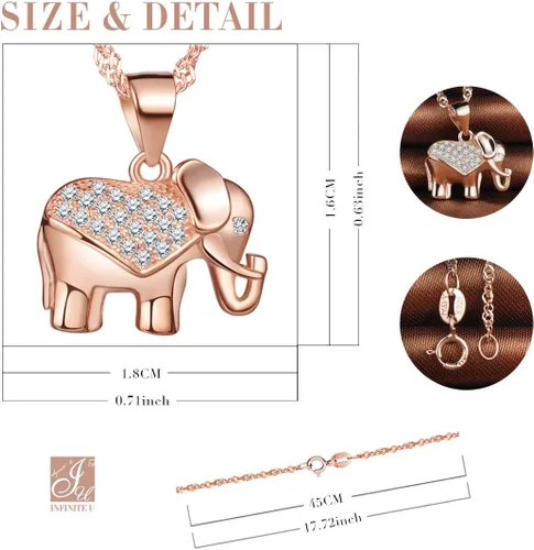 Vista 2 de Collar con colgante de elefante de plata de ley 925 con circonita cúbica, cadena de 18.0in, oro rosa