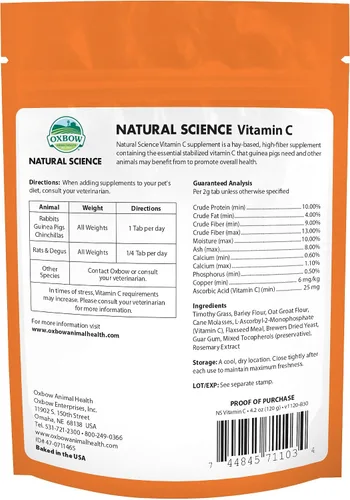 Vista 2 de Oxbow Natural Science Suplemento de Vitamina C, Vitamina C y Heno Timothy Alto en Fibra, Artículos para Cobayos, Fabricado en los Estados Unidos