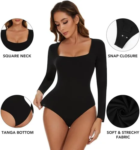 Vista 3 de SHAPERIN Body de manga larga con cuello cuadrado para mujer, color liso, sexy, leotardo