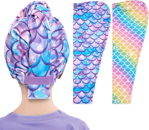 Vista 10 de WAWSAM Paquete de 2 toallas de secado de cabello para niños, toalla de microfibra para el cabello para niñas, gorro de pelo de secado rápido con Azul