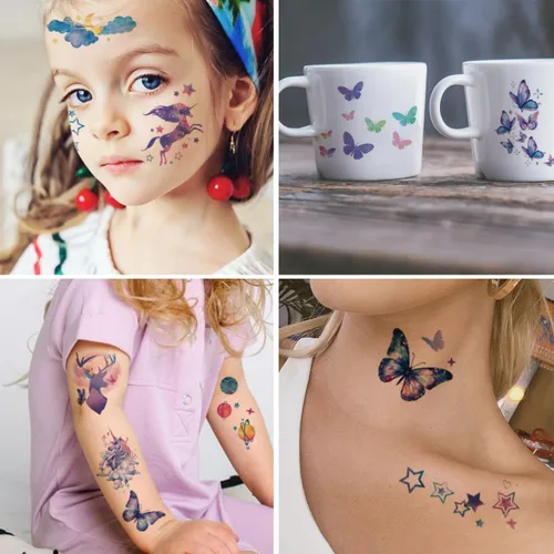 Vista 5 de CHARLENT 110 estilos de tatuajes temporales con purpurina para niñas y mujeres – 12 hojas de purpurina de ensueño mariposa luna hada sirena tatuajes