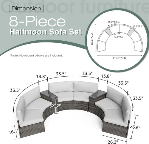 Vista 2 de SUNSITT Juego de 8 muebles curvados de media luna para patio al aire libre, sofá seccional de mimbre gris, cojines gris claro con 2 mesas auxiliares