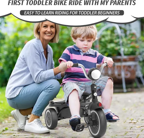 Vista 8 de Glaf Bicicleta para niños de 2 a 5 años, triciclo para niños pequeños de 1 a 3 años, triciclo con asiento ajustable y cesta de almacenamiento, Negro