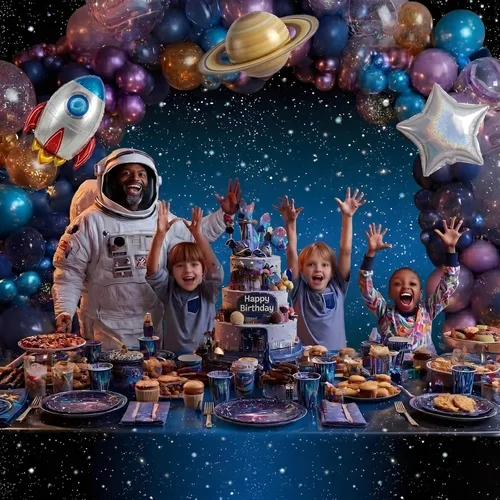 Vista 2 de 3 Paquetes - Mantel de Mesa Espacial, Cubierta de Mesa de Plástico con Tema de Galaxia, Cubierta de Mesa Desechable de Plástico con Estrellas