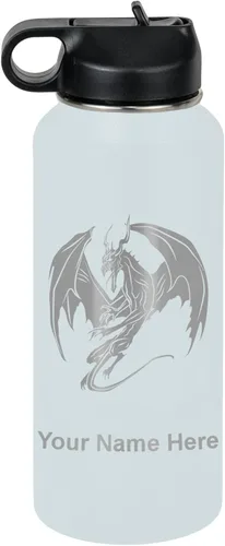 Vista 13 de LaserGram Botella de agua con tapa abatible de doble pared de 12 onzas con pajilla, dragón, grabado personalizado incluido (negro)
