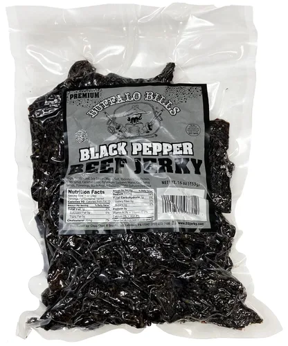Vista 4 de Buffalo Bills Tiras de carne seca de pimienta negra prémium de 12.5 onzas de 7 pulgadas (25 tiras de cecina ahumada por bolsa)