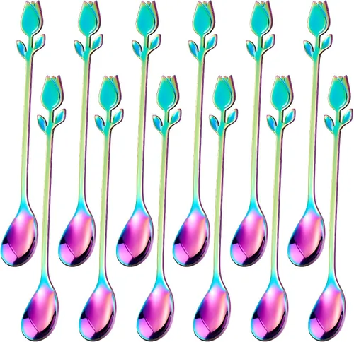 Vista 9 de Juego de 12 mini cucharas de café con mango de tulipán negro/rosa, acero inoxidable de 6 pulgadas para expreso, té, postre, ideal para demitasse