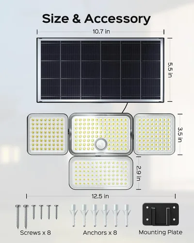 Vista 7 de JACKYLED Luces solares para exteriores, luces de seguridad de 4000 mAh con panel solar más grande y cable de 16.4 pies, luces con sensor