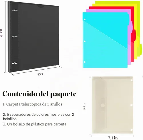 Vista 2 de INFUN Carpeta organizadora de proyectos telescópica de 3 anillos de 1 pulgada, 13 bolsillos, cubierta frontal personalizable, divisor de bolsillo
