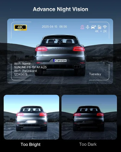 Vista 2 de Cámara de tablero frontal y trasera, cámara de tablero de grabación 4K+2K para automóviles, visión nocturna con WDR, gran angular de 170°, WiFi dual