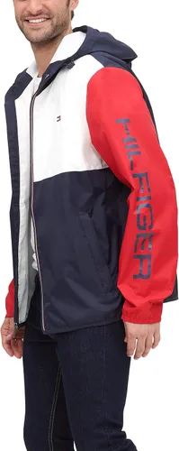 Vista 5 de Tommy Hilfiger - Chaqueta impermeable con capucha para hombre, ligera, para lluvia
