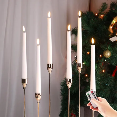 Vista 10 de Velas de mecha sin llama color marfil con control remoto, velas de cera LED parpadeantes operadas a batería, juego de 6 unidades Candelabros LED