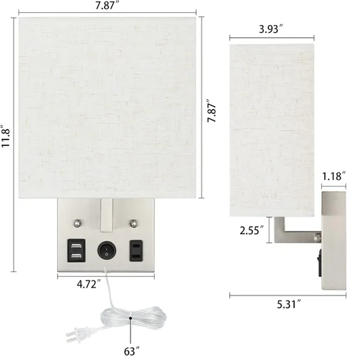 Vista 3 de BTY Juego de 2 apliques de pared modernos, lámparas de pared para dormitorio, enchufe con puertos de carga USB, apliques de enchufe de CA