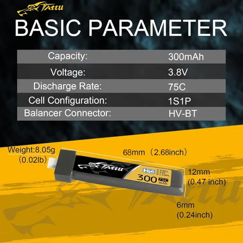 Vista 2 de TATTU 300mAh 3.8V Alto Voltaje 75C 1S1P Lipo Batería con BT 2.0 Plug (5pcs)