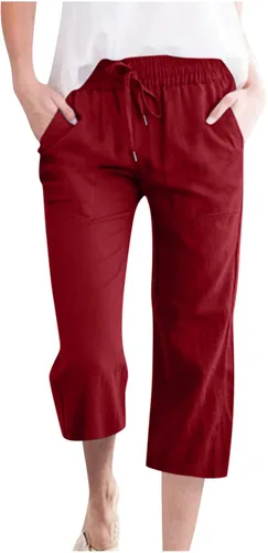Vista 27 de Ceboyel Pantalones capri para mujer para verano, cintura elástica, pantalones de yoga, con cordón, pantalones de lino, pantalones de entrenamiento