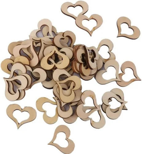 Vista 5 de 100 piezas de madera grabadas en madera con confeti de corazón para decoración rústica de mesa de boda, decoración dispersa para despedida
