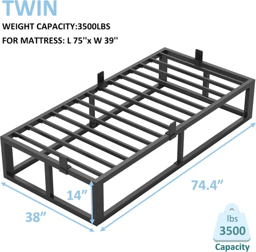 Vista 3 de Bilily Marco de cama individual de 14 pulgadas con soporte de listones de acero resistente, plataforma de metal resistente para colchón