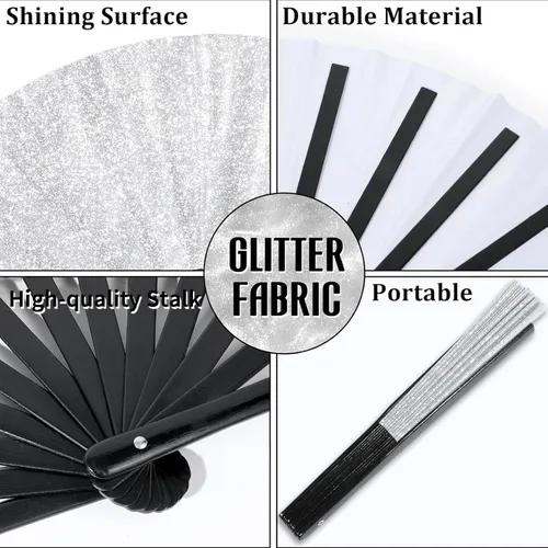 Vista 5 de Large Folding Hand Fans (6pcs) for Line Dancing Plata