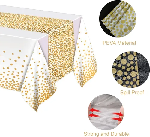 Vista 3 de MOLFUJ Mantel de plástico blanco y dorado de 54 x 108 pulgadas para fiesta, paquete de 2 manteles desechables blancos para mesa rectangular de 8