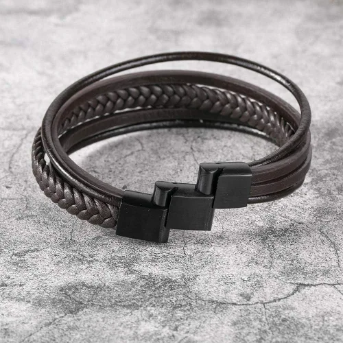 Vista 4 de murtoo Pulsera de cuero para hombre con cierre de piel de vaca multicapa trenzada pulsera para hombre