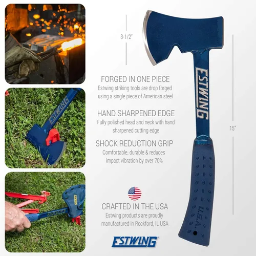 Vista 7 de ESTWING Camper's Axe - Hacha azul de 14 pulgadas fabricada en Estados Unidos con extractor de estacas para tienda de campaña y agarre de reducción