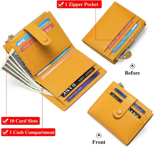 Vista 2 de FALAN MULE Billeteras pequeñas para mujer, con bloqueo RFID, delgada, plegable, de cuero, con cremallera, monedero, AP-amarillo, Minimalista