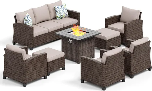 Vista 113 de HERA'S HOUSE - Juego de muebles para patio con mesa para fogata, muebles de mimbre para exteriores, sofá de conversación con asientos profundos
