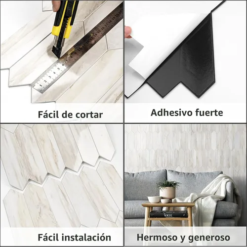 Vista 5 de Vamos Tile 1 hoja de azulejos brillantes con veta de mármol de madera para protector contra salpicaduras, despegar y pegar, azulejos de pared Grano