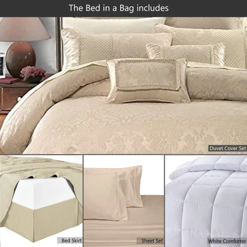 Vista 2 de SARA - Juego de funda de edredón de 13 piezas, tamaño matrimonial, incluye funda de edredón beige + juego de sábanas 100% algodón, falda de cama +