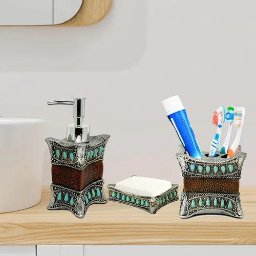 Vista 6 de Juego de baño rústico de 3 piezas, kit de decoración de piel sintética y resina turquesa