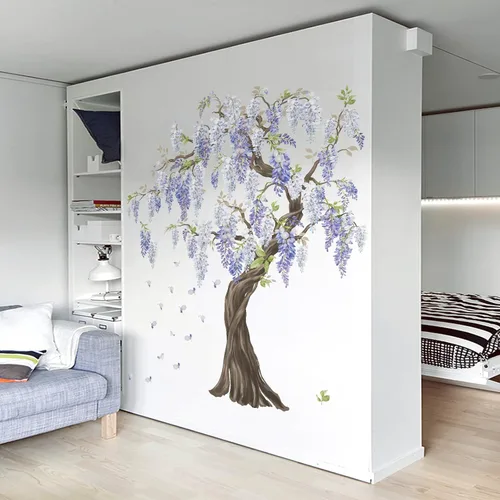 Vista 4 de wondever Pegatinas de pared de árbol de flores moradas, diseño de glicina para colgar en árbol grande, calcomanías de arte de pared para dormitorio